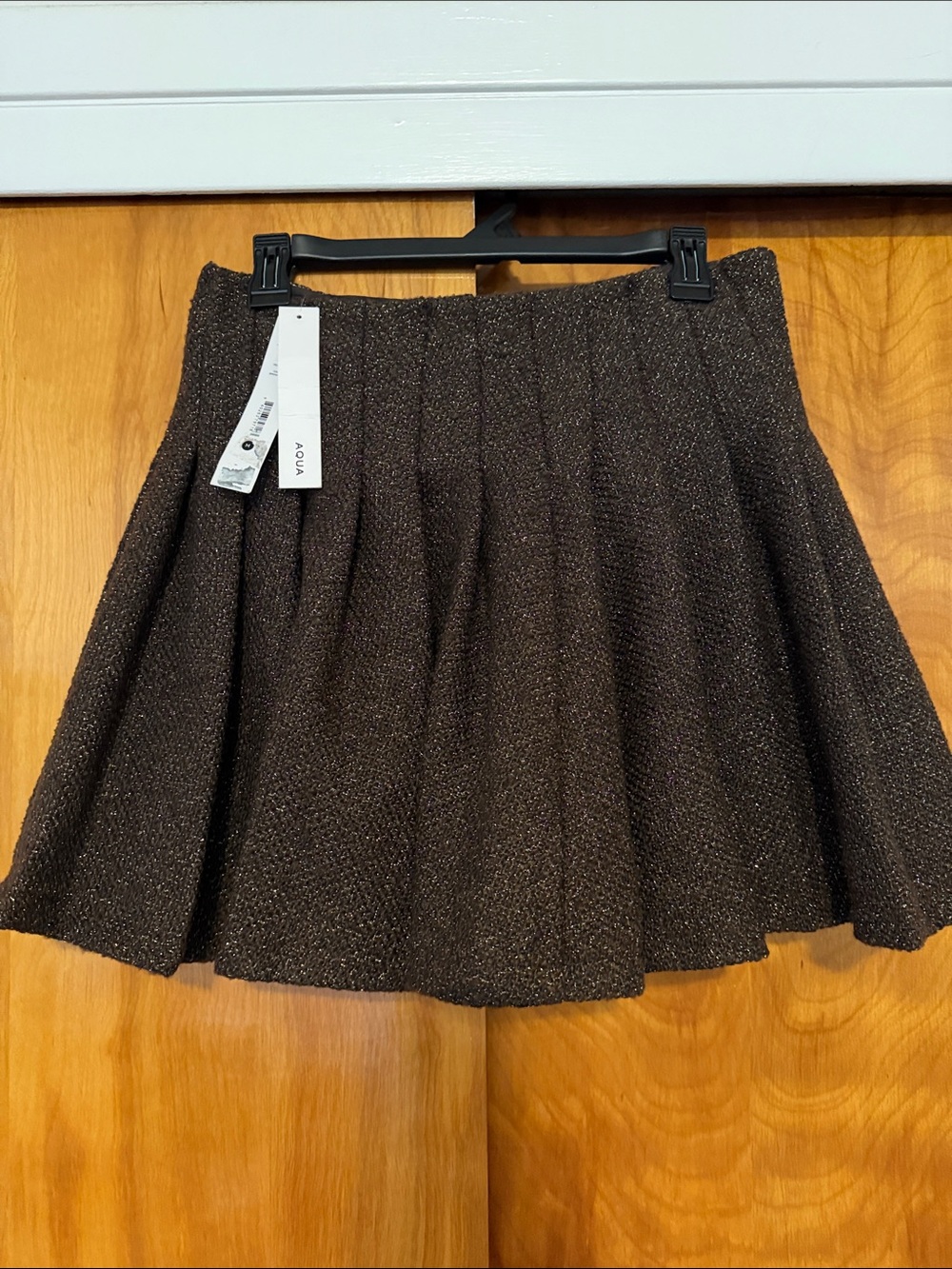 NWT Medium Aqua Brown Metallic Tweed Pleated Skater Mini Skirt